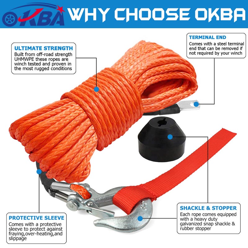 OKBA Synthetic Winch Rope Kit 1/4"" x 50ft 10000LBS Synthetic Winch Line Cable Rope with Hook Stopper Protective Sleeve Safety Pull Strap for 4WD Off Road Vehicle ATV UTV SUV - Image 3